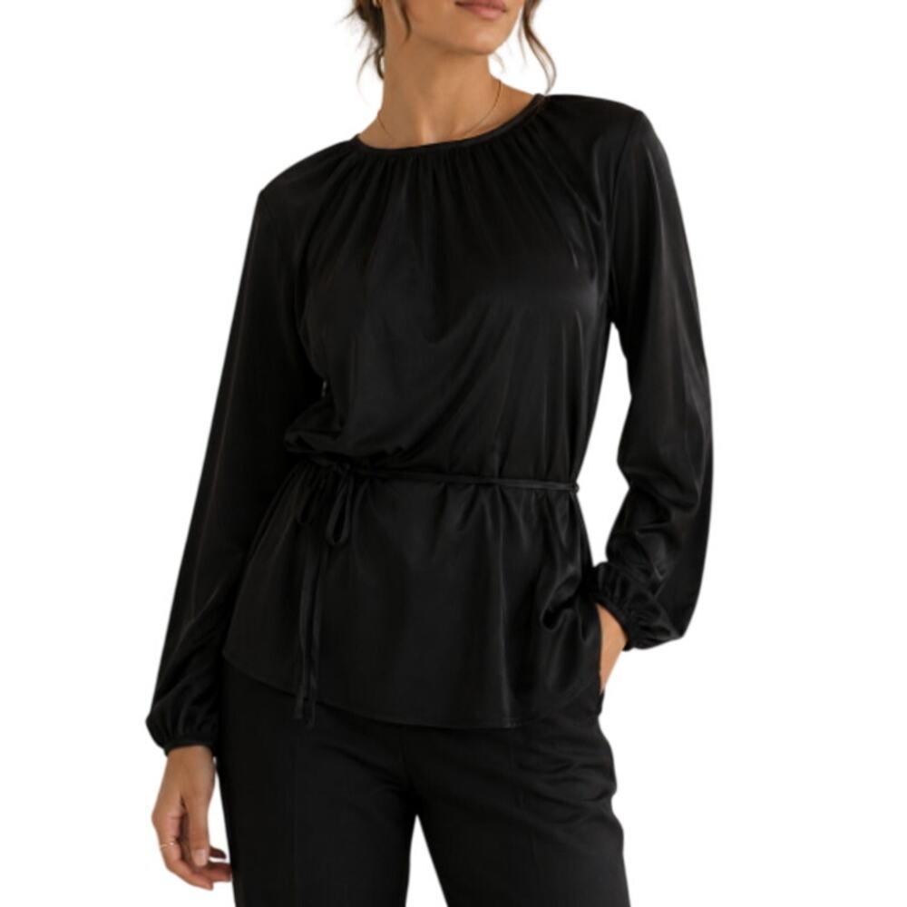 New HALOGEN Nordstrom Women's Black Faux Leather Tie Wrap Tunic Shirt Size S